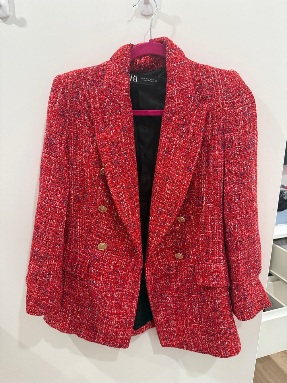 ZARA Red Tweed Double-Breasted Blazer with Gold Buttons